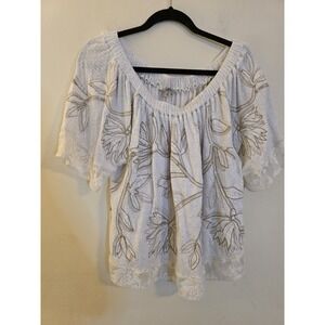 LUCKY BRAND Women's Size XL Beige Lace Trim Square Neck Short Sleeve Blouse Boho